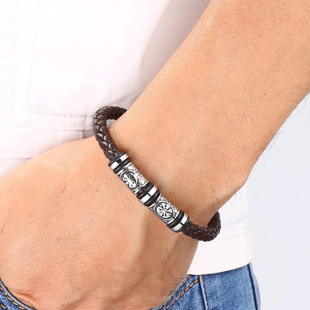 Trendy European-American Woven Leather & Stainless Steel Bracelet