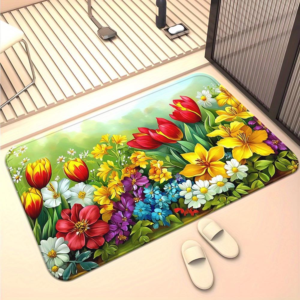 1pc 2D Flat Colorful Tulips Spring Garden Flowers Flannel Bath Mat Non Slip Nature Decor Rug For Bathroom Floor