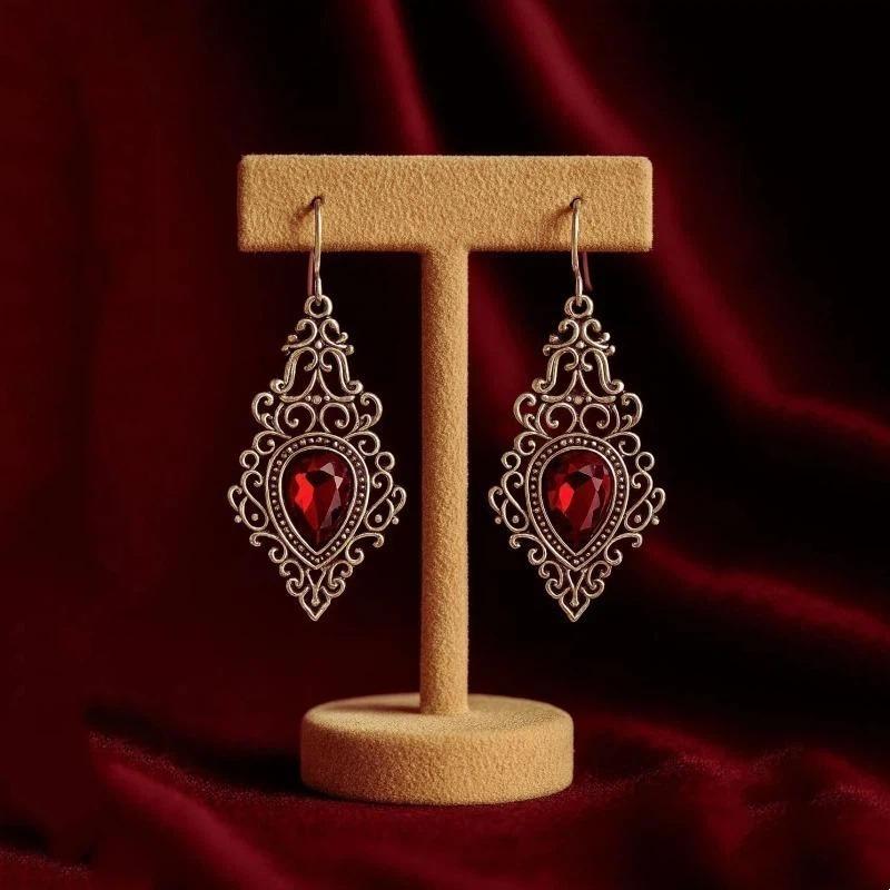 Imitation Gemstone Pendant Dangle Earrings Silver Tone Filigree Scroll Chic Jewelry for Women Festival Gift Accessory
