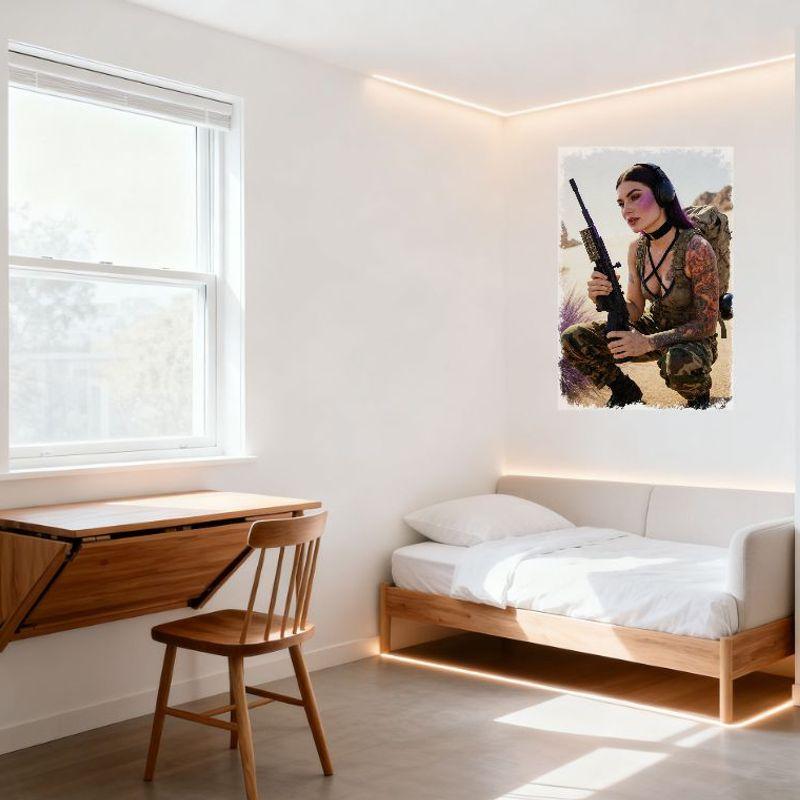 Sexy Long Purple Hair Woman Desert Military Fatigues Tin Sign Vintage Metal Poster with Tattoos, Rifle - Bar Pub Home Cafe Wall
