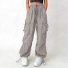 Women's Drawstring Waist Cargo Pants Loose Fit Multi Pocket Trousers with Adjustable Hem for Casual Daily Wear