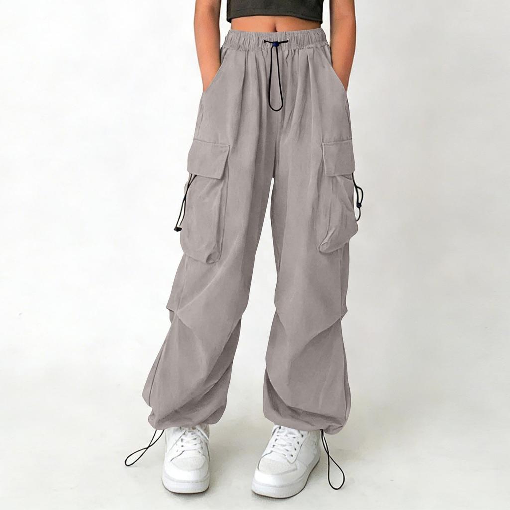 Women's Drawstring Waist Cargo Pants Loose Fit Multi Pocket Trousers with Adjustable Hem for Casual Daily Wear