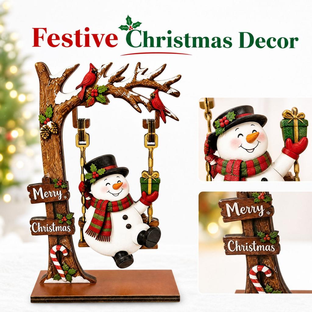 Wooden Christmas Santa and Snowman Swing Ornament for Tabletop Holiday Decoration