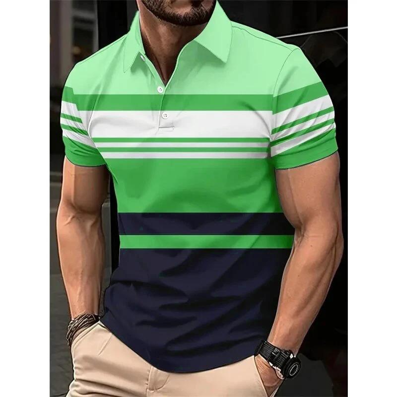 Men's Clothing Striped Polo T-shirt, Summer Short Sleeved 3D Printed