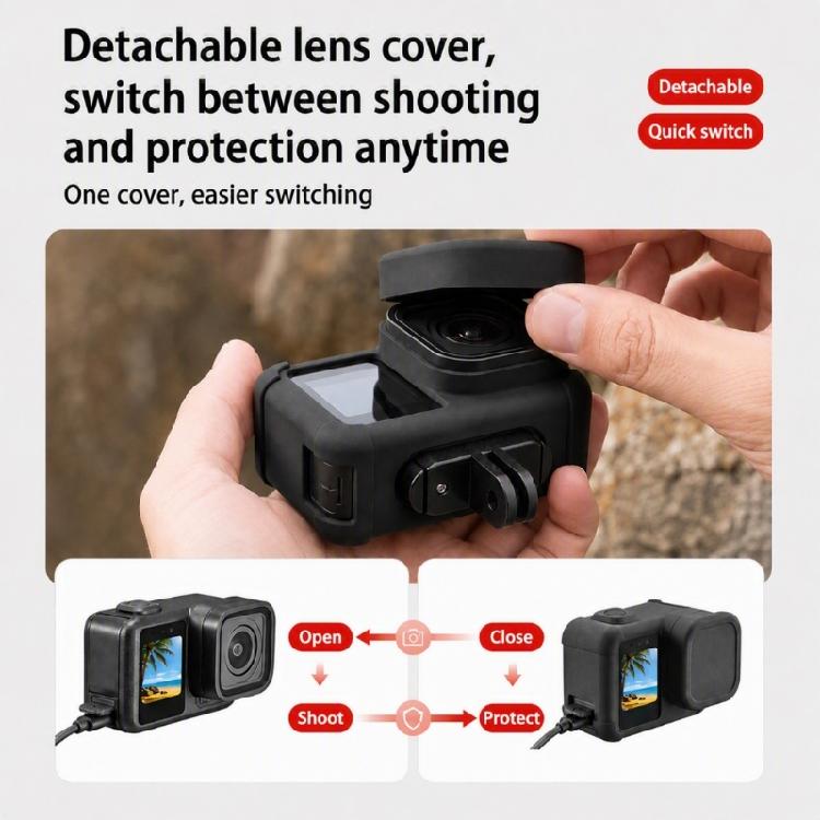 Silicone Lens Cap and Camera Cover Set, Black Carry Case with Open Front Area, Battery Door Access and Outdoor Travel Storage Use Daily