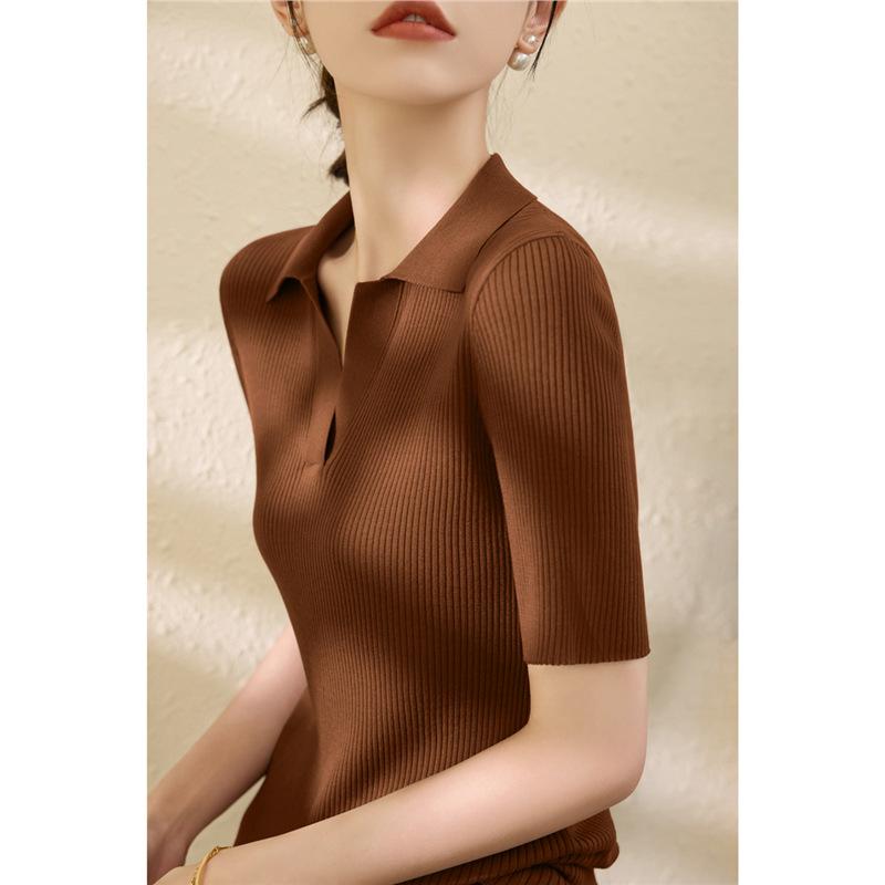 Women Summer Tencel Ribbed Slim Knit Top Thin Puff‑V Polo Collar Short Sleeve Ice Silk Blouse