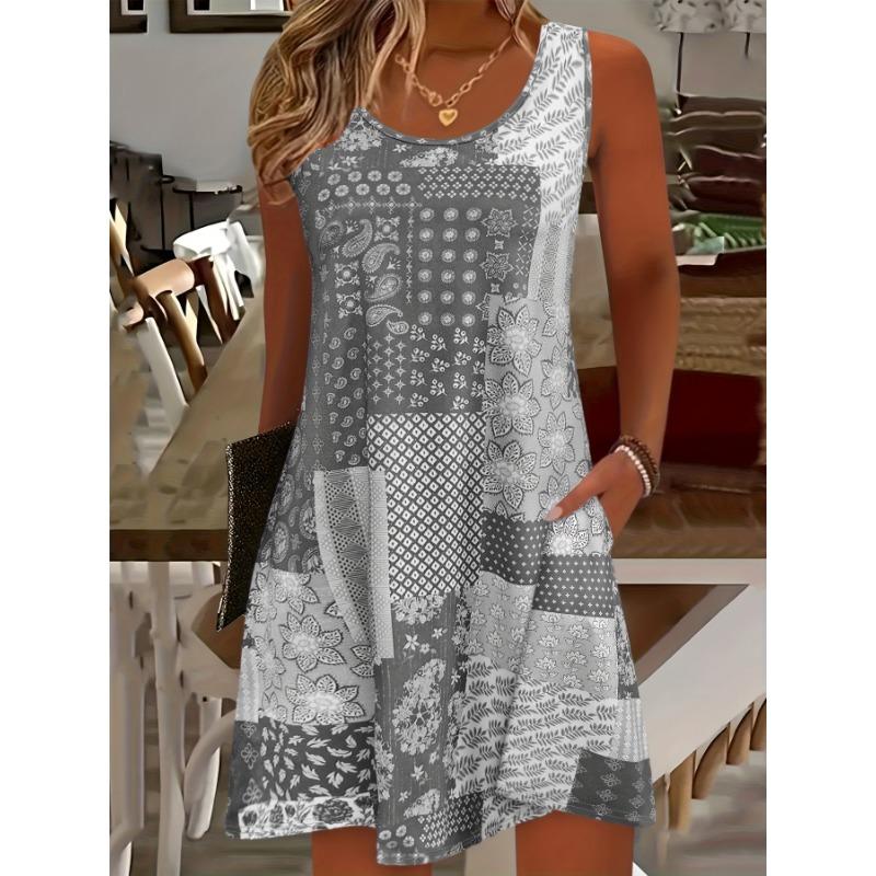 Vestido Floral Feminino de Verão Sem Mangas - Casual para Resort com Gola Redonda, com Bolsos, Lavável à Máquina, Adequado para Passeios na Praia e Festas Diárias