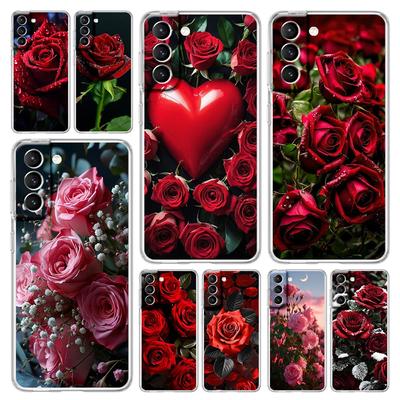 Phone Case For Samsung Galaxy S24 Plus S23 S22 S21 S20 FE Ultra 5G S10 S10E S9 Clear Silicone Cover Beautiful Red Rose Flowers