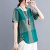 Cotton Linen Retro Artistic Top Summer Plaid Loose Women's T-shirt Versatile Fashion Short Sleeved T-shirt