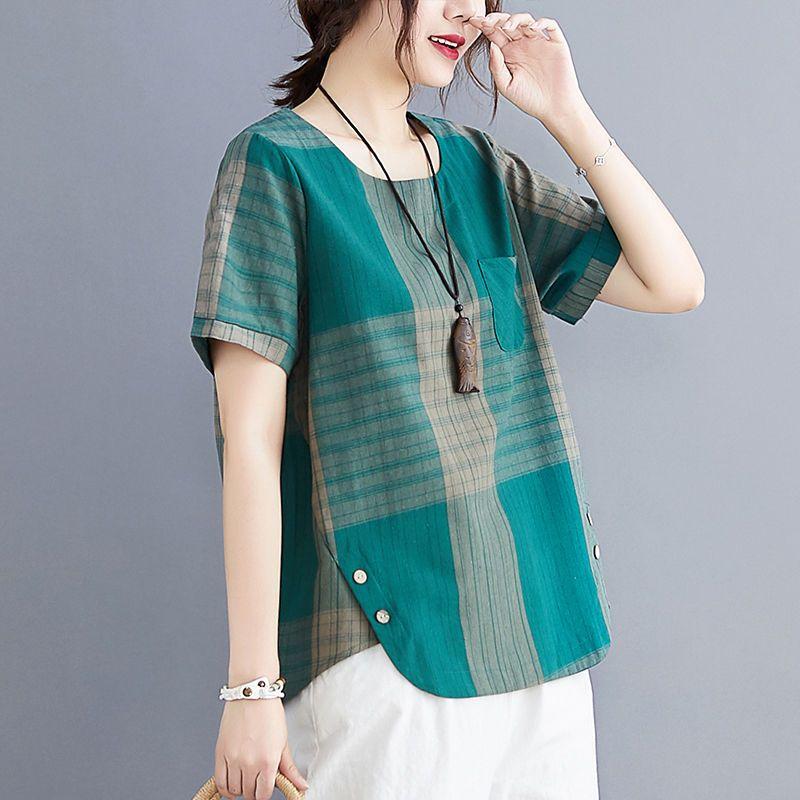 Cotton Linen Retro Artistic Top Summer Plaid Loose Women's T-shirt Versatile Fashion Short Sleeved T-shirt