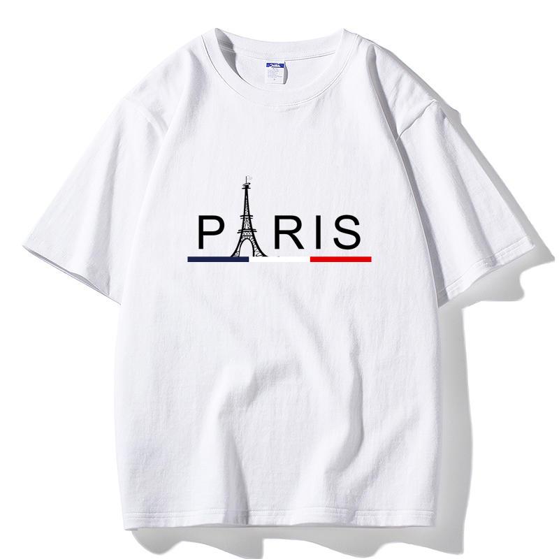 2026 Summer Paris Eiffel Tower Print T-Shirt French Flag Color Stripe Casual White Unisex Tee