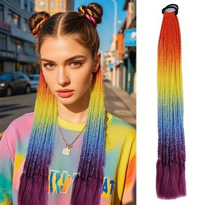 Farbige Zöpfe Haarverlängerungen mit Gummibändern Regenbogen geflochtene synthetische Haarteile Pferdeschwanz Haarschmuck Schwanz für Frauen Mädchen