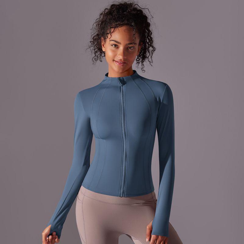 

New Arrival Pure Color Tight Stand Collar Zip Long Sleeve Coat Brushed Sports Running Workout Long Sleeve Yoga Clothing Top Elastic 7057 Zipper Outwear-Code Blue M
