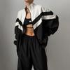 Cross-Border Outerwear Women Spring and Autumn Sports Set Personality Stripe Contrast Color Drawstring Top Loose Polyester Cotton Two-piece Set Suit