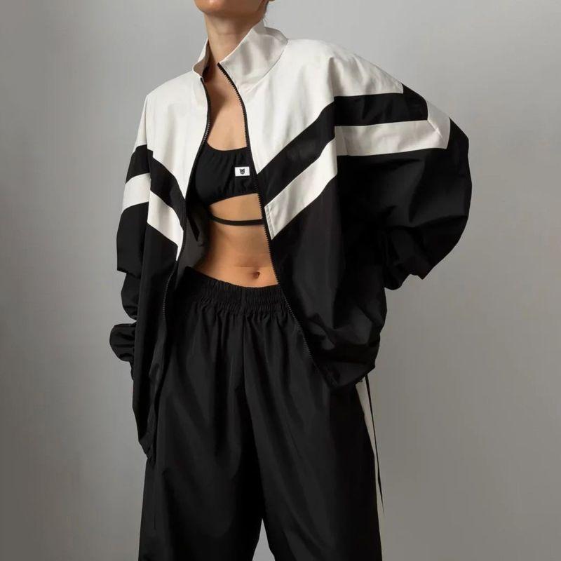 Cross-Border Outerwear Women Spring and Autumn Sports Set Personality Stripe Contrast Color Drawstring Top Loose Polyester Cotton Two-piece Set Suit