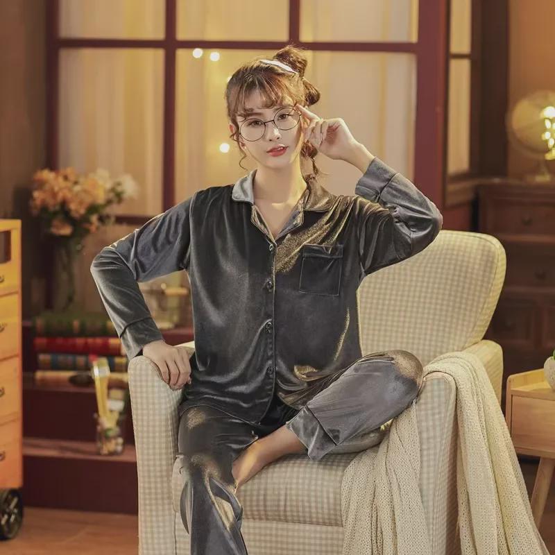 [Golden Velvet] Women's Plush Coral Fleece Pajama Set - Red, Warm for Autumn & Winter