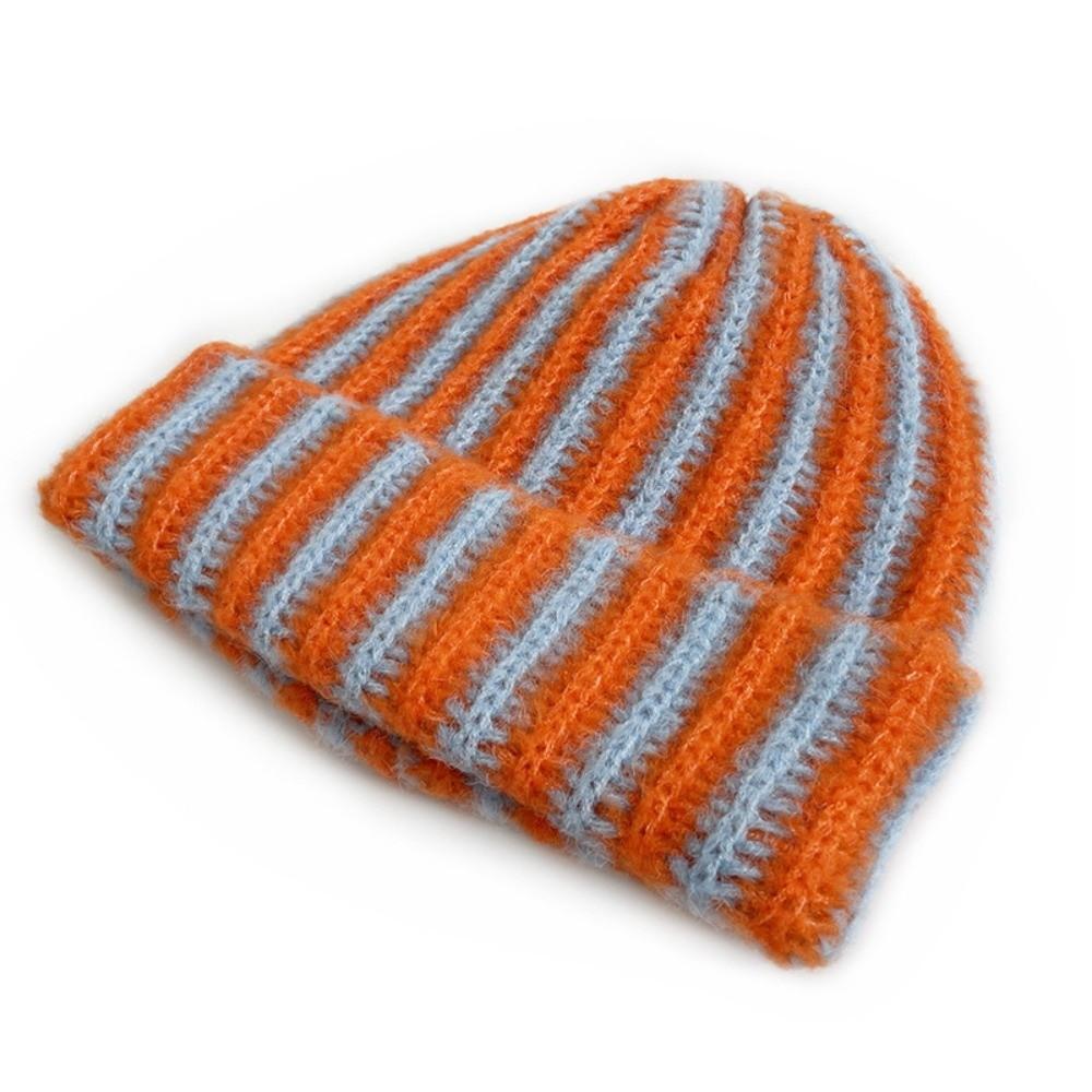 Color Blocked Ribbed Knit Cap Thick Warm Hat Brimless Striped Beanie Hat  Outdoor