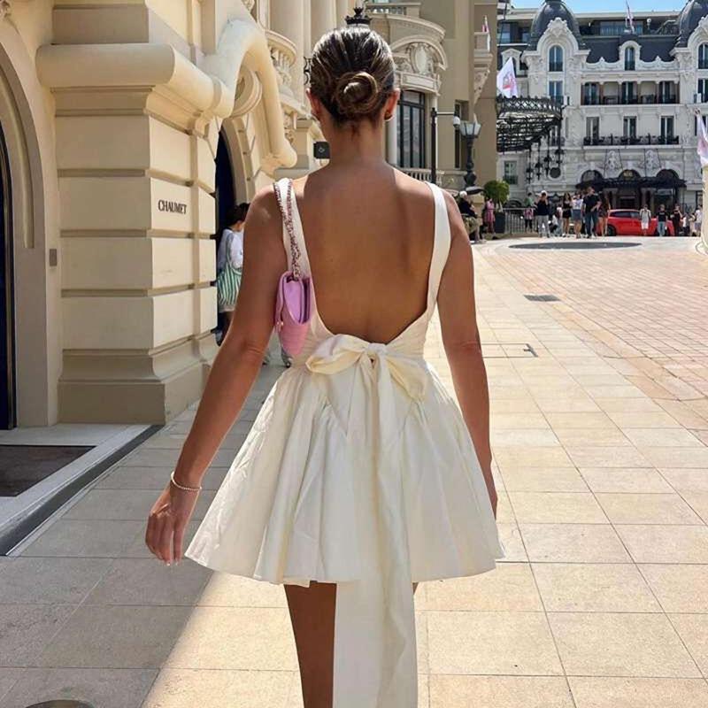 2024 Spring European & American Style Women's Solid Backless Lace-Up Bow Sling Dress