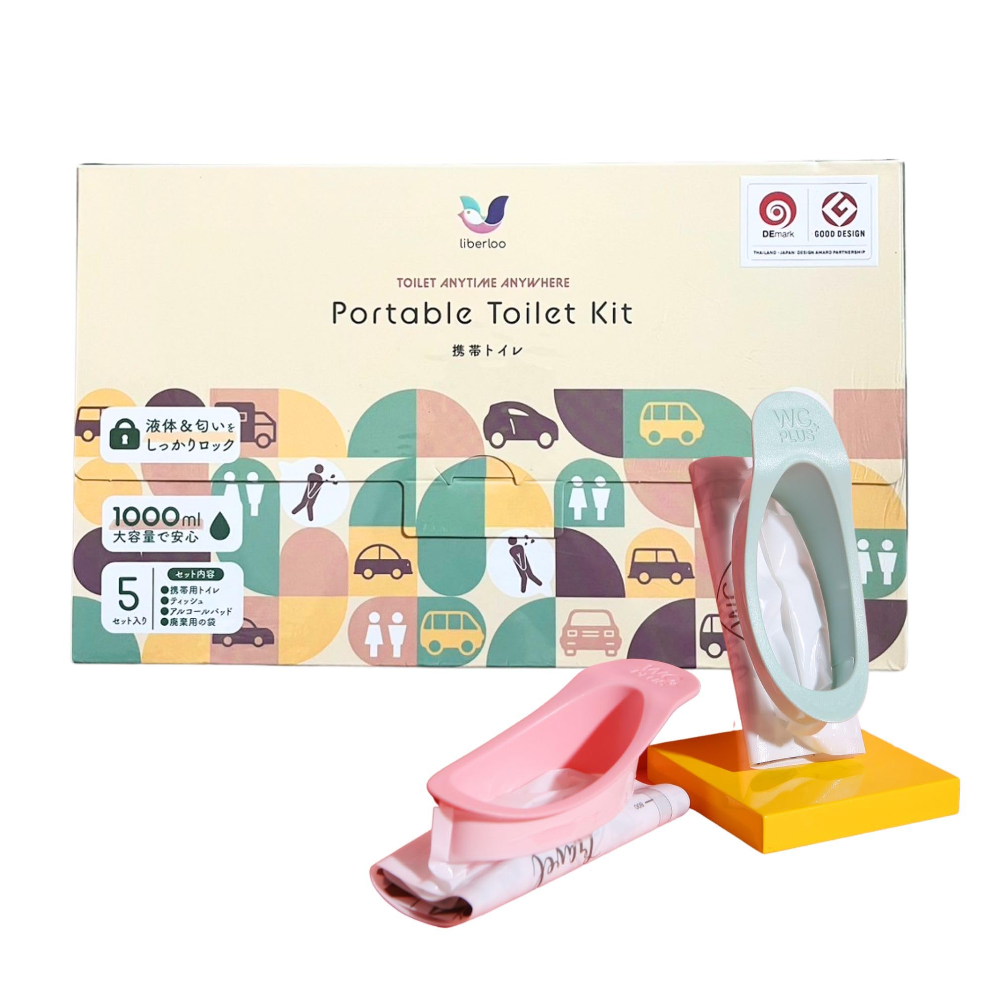 

[Победитель премии Japan Good Design Award] Портативный туалет Liberloo с ручкой, большая вместимость 1000 мл, 5 штук (1)