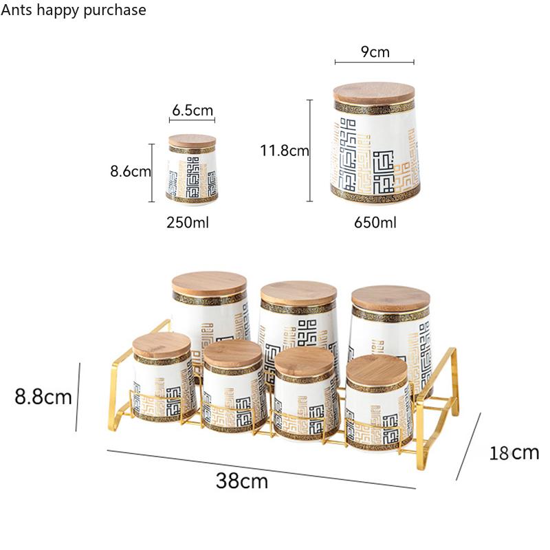 Kitchen Supplies Food Storage Box 7 Piece Set Whole Grains Ceramic Airtight Jar Storage Tank Wooden Cover Storage Home Organizer
