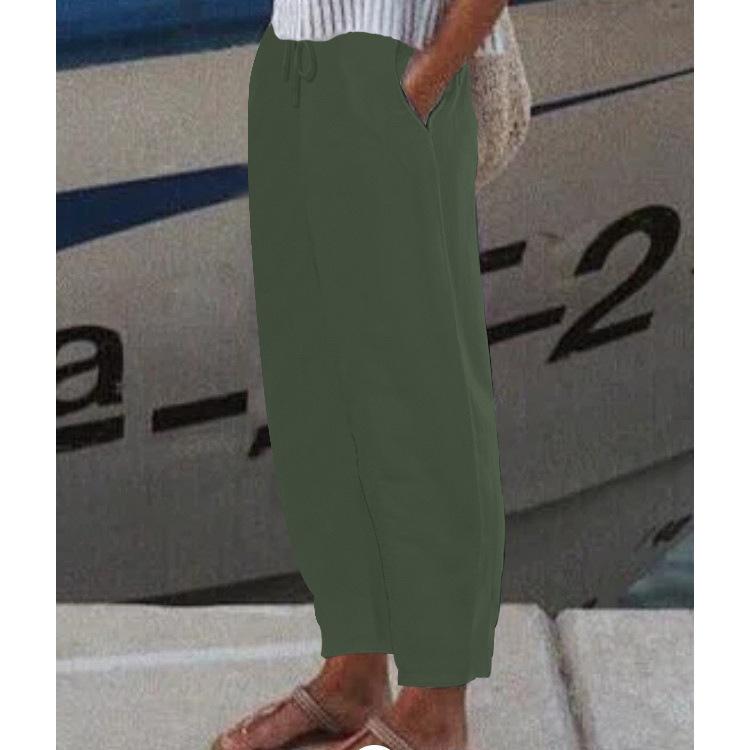 Women's Elastic Waist Linen Pants Loose Fit Casual Trousers Solid Color Pocket Harem Pants