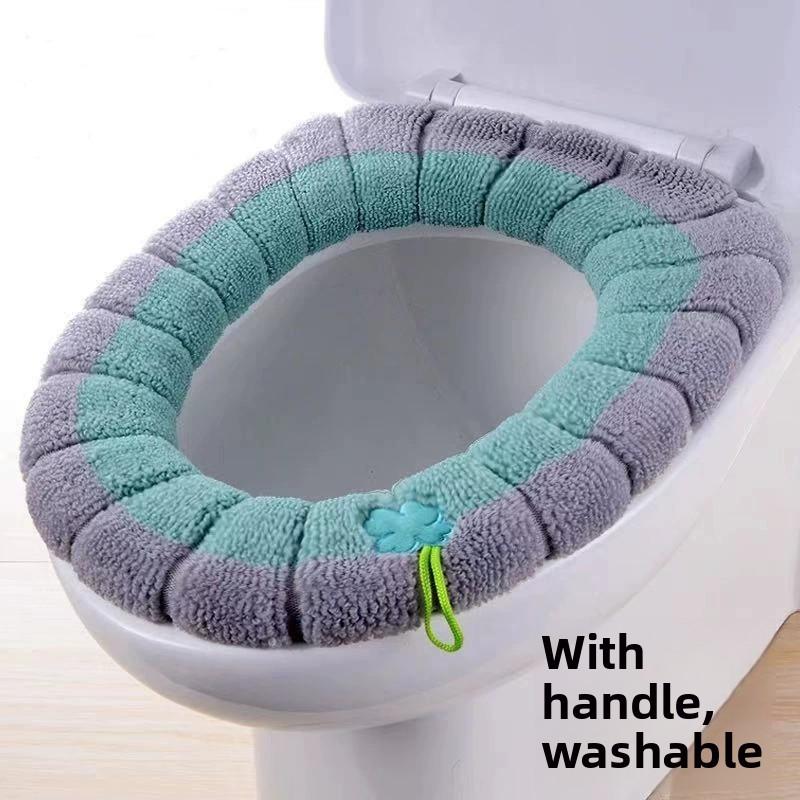 1pc Stitched Color Portable Knitted Toilet Mat Thickened Washable Antifreeze Toilet Cover Thickened Knitted O/U Type Universal