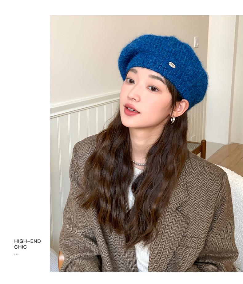 Women's Korean Style Woolen Beret: Versatile, Solid Color, Knitted, Warm, Windproof, with Metal Label for Autumn and Winter