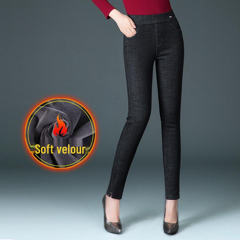 

Женские эластичные джинсы с высокой посадкой и флисовой подкладкой - Большой размер, Облегающий крой, Теплые зимние брюки для мам среднего возраста 6XL