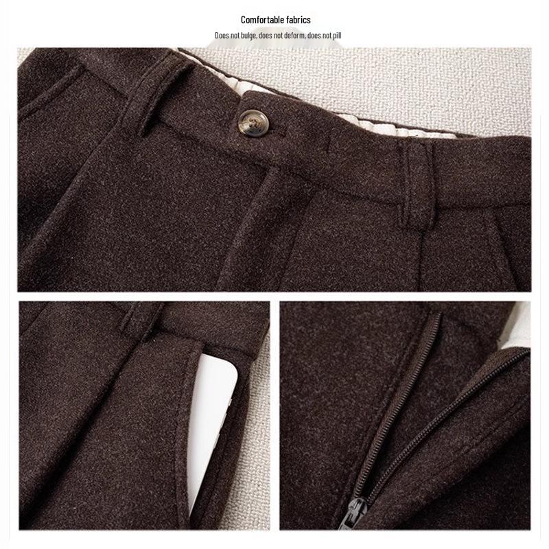 Women's 2024 Khaki High-Waisted Wool Wide-Leg Cropped Pants – Autumn/Winter Slimming Style