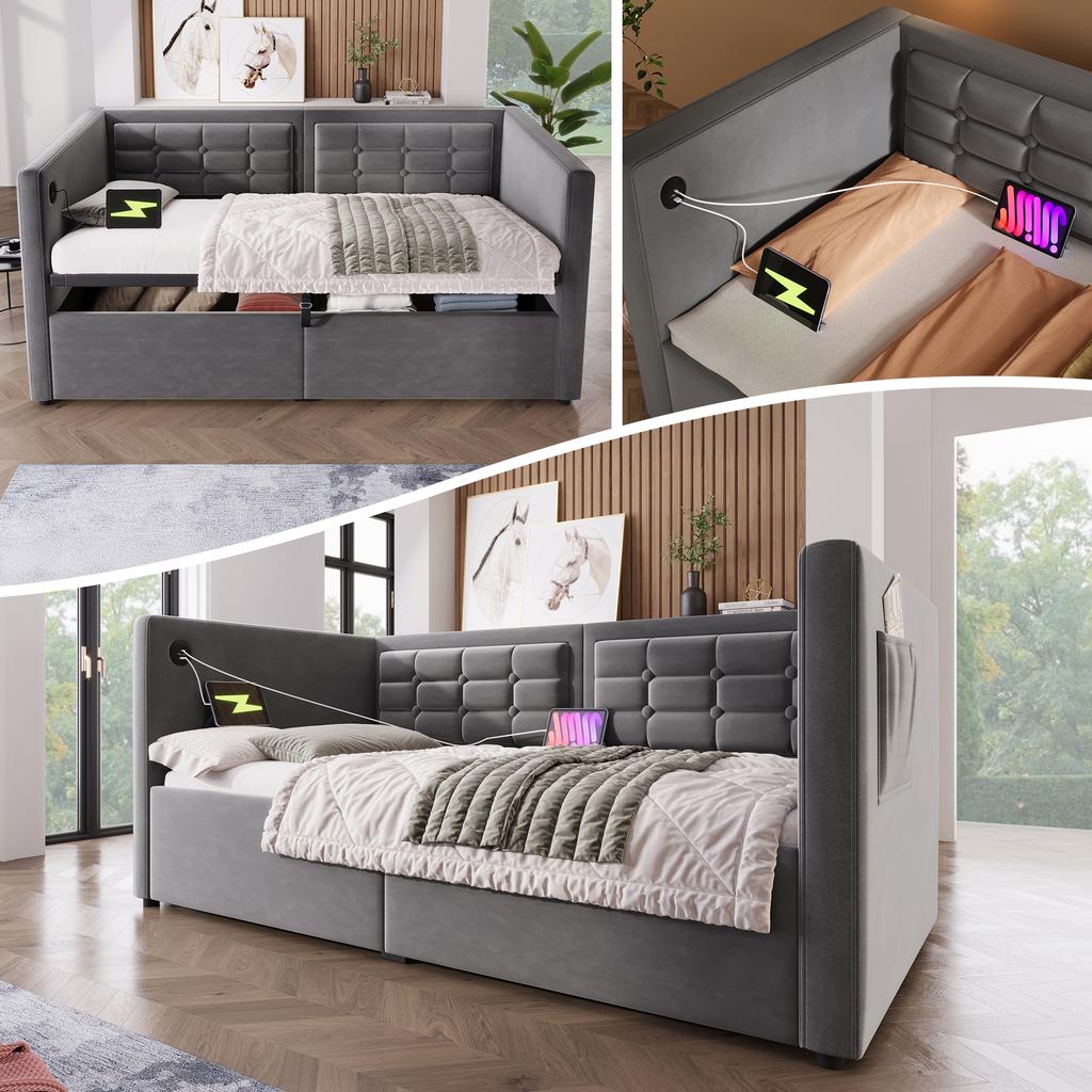 Sofa Bed 90x200 Cm, Single Sofa Bed with Hydraulic Storage USB & Type-C Charging, Guest Bed with Slatted Base, Grey, Velvet, Without Mattress.