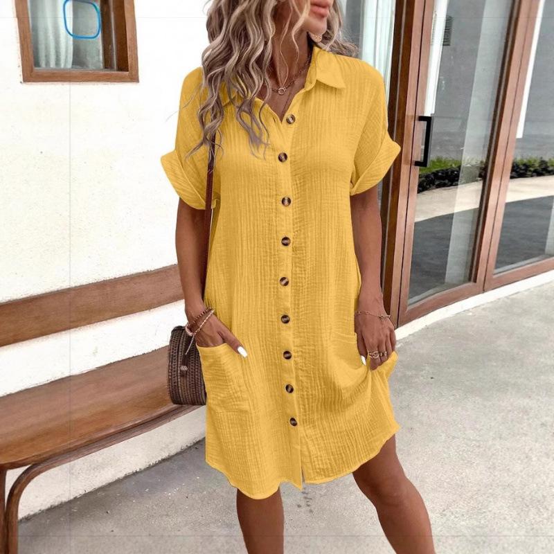 2026 Women's Mid-length Single-breasted Solid Color Short Sleeve Casual Dress