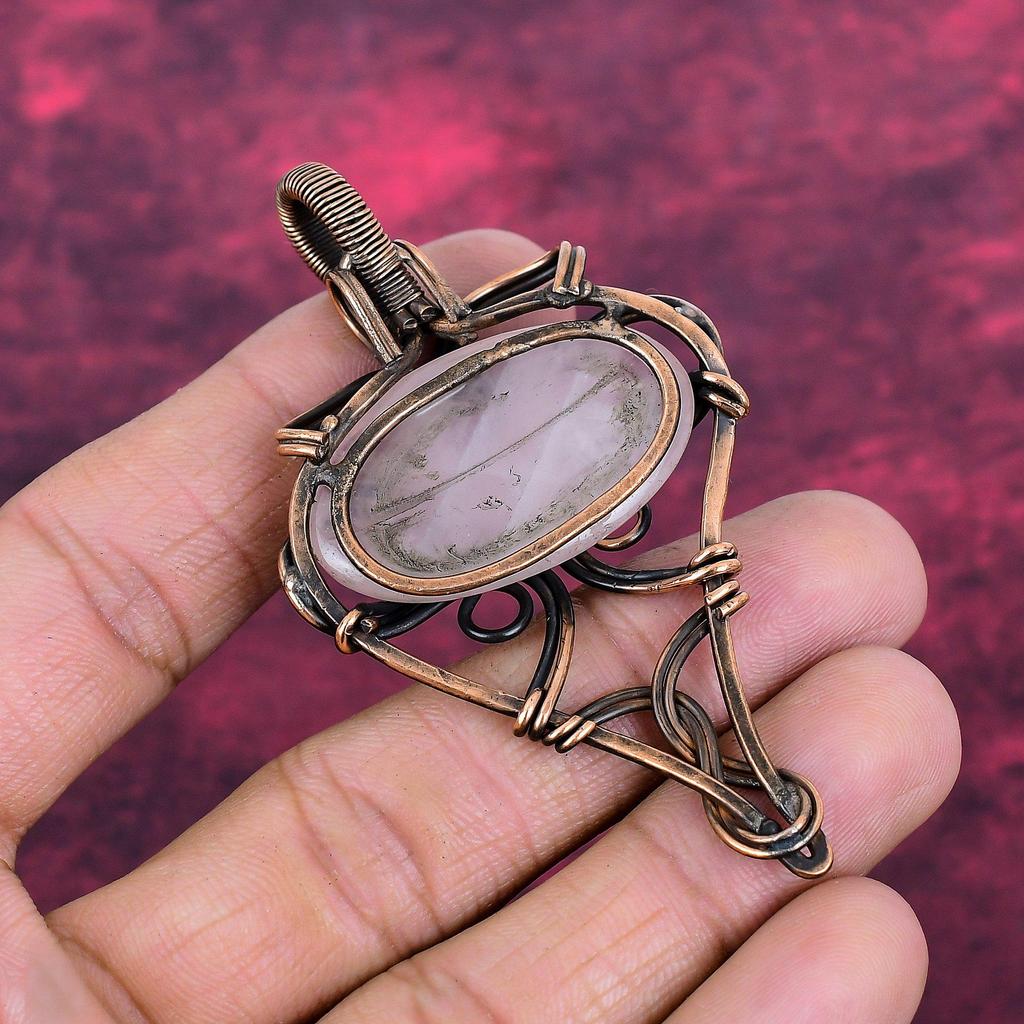Rose Quartz Pendant Genuine Gemstone Pendant Copper Wire Wrapped Handmade Jewelry