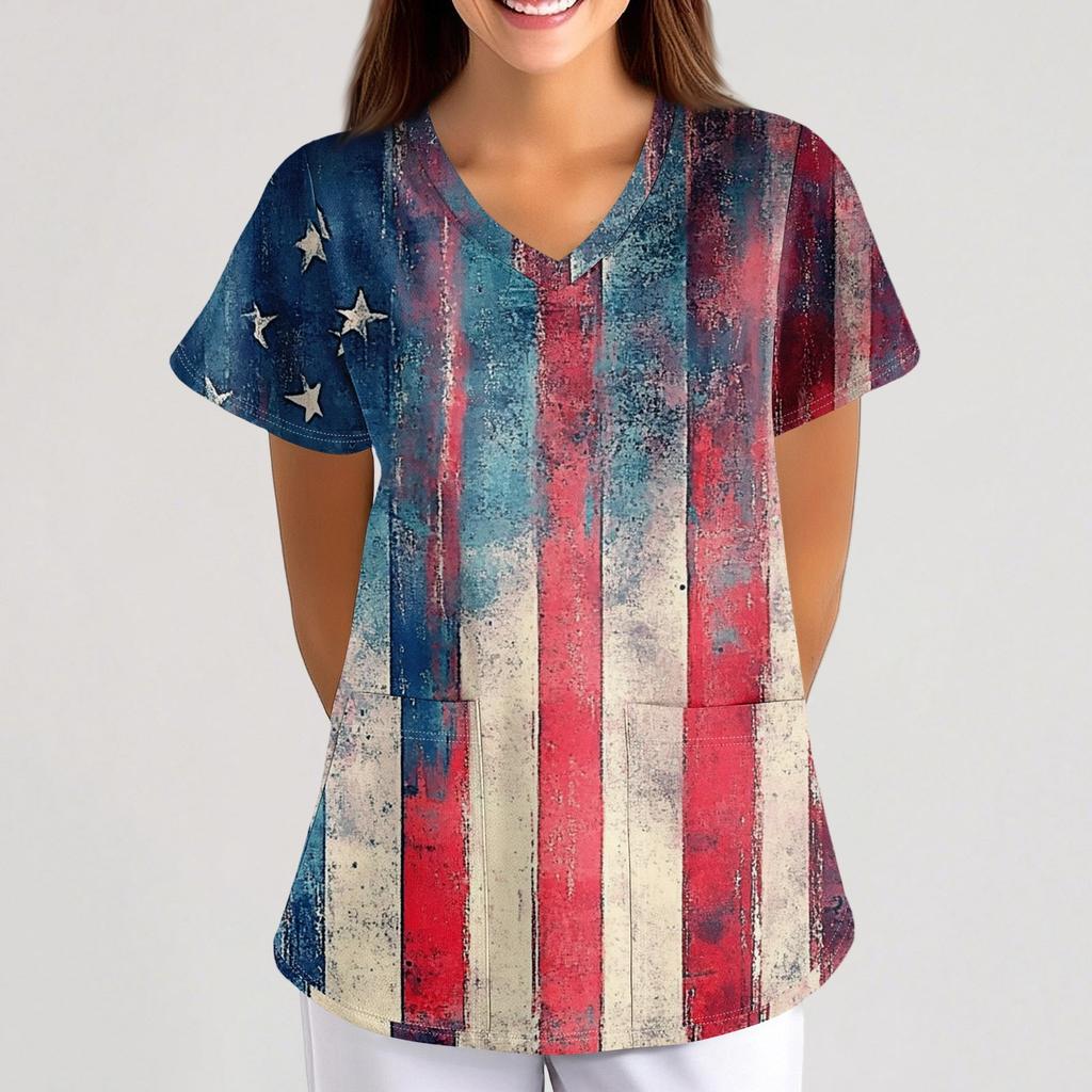 Plus Size Printed Scrub Working Uniform Tops For Women's Cross V-Neck  Short Sleeve Fun T-Shirts Workwear Tee With Pockets