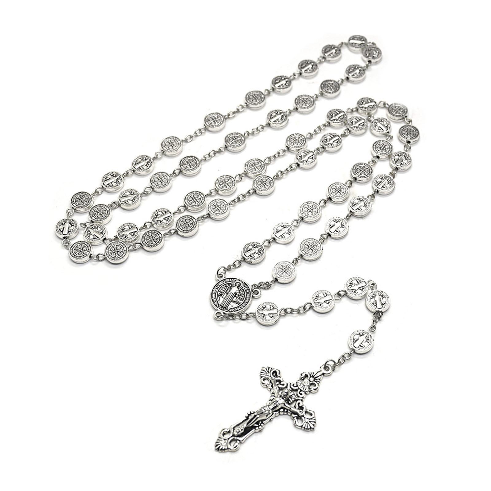 Round Metal Bead Catholic Rosary Necklace Crucifix Religious Pendant Necklace 1