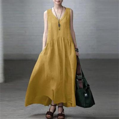 Damen Sommer Maxikleid aus Baumwolle und Leinen, lässig, V-Ausschnitt, ärmellos, Tankkleid, fließend, Strand, plissiertes Sommerkleid