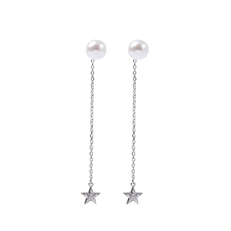 Autumn And Winter Silver Design Bead Earrings, Star Fringed Stud Earrings, Women'S Long Earrings, Double Ear Jewelry