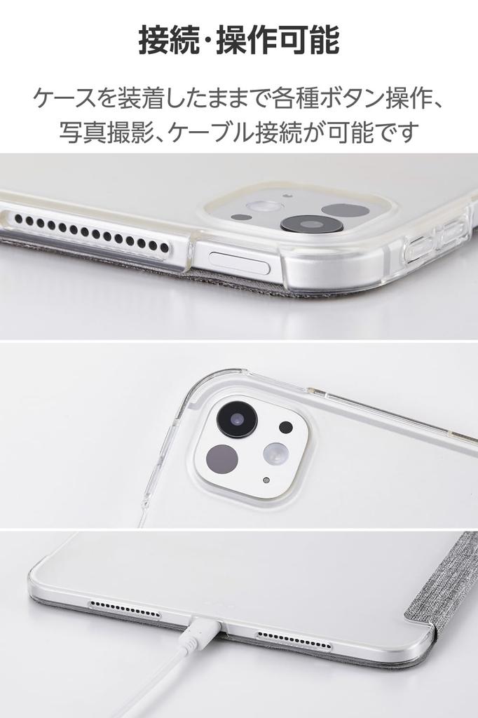 Elecom IPad Pro Fabric Flap Slim and Clear 11-inch (M4) Case, Case, Lightweight, Back, 2-Angle, Gray, TB-A25PMWVCGY