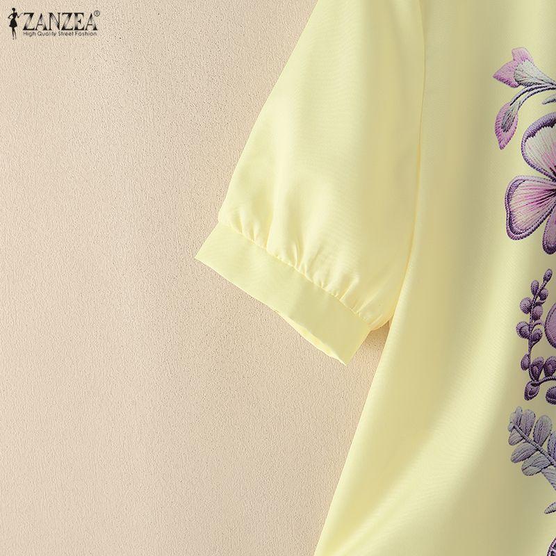 ZANZEA Women Casual Round Neck Floral Print Loose Short Sleeve Blouse