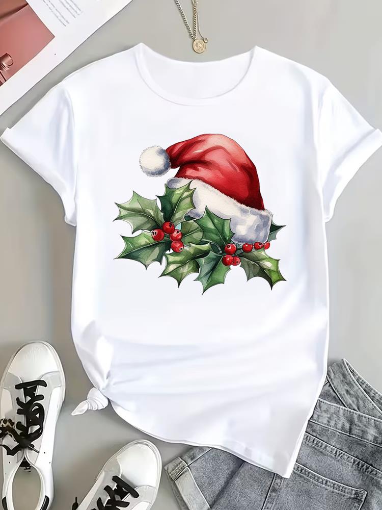 (Asian Size) Trend Letter Cute Tee Top Print New Year Clothing T Shirt Women Fashion Christmas Festival Woman Short Sleeve Graphic T-shirts