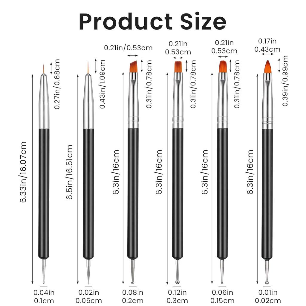 6PCS Double-Ended Nail Art Brush, Nail Dotting Tools, Liner Brushes for Nails Gel Polish, Liner, Drawing, Dotting and Detailing, Professional Nails