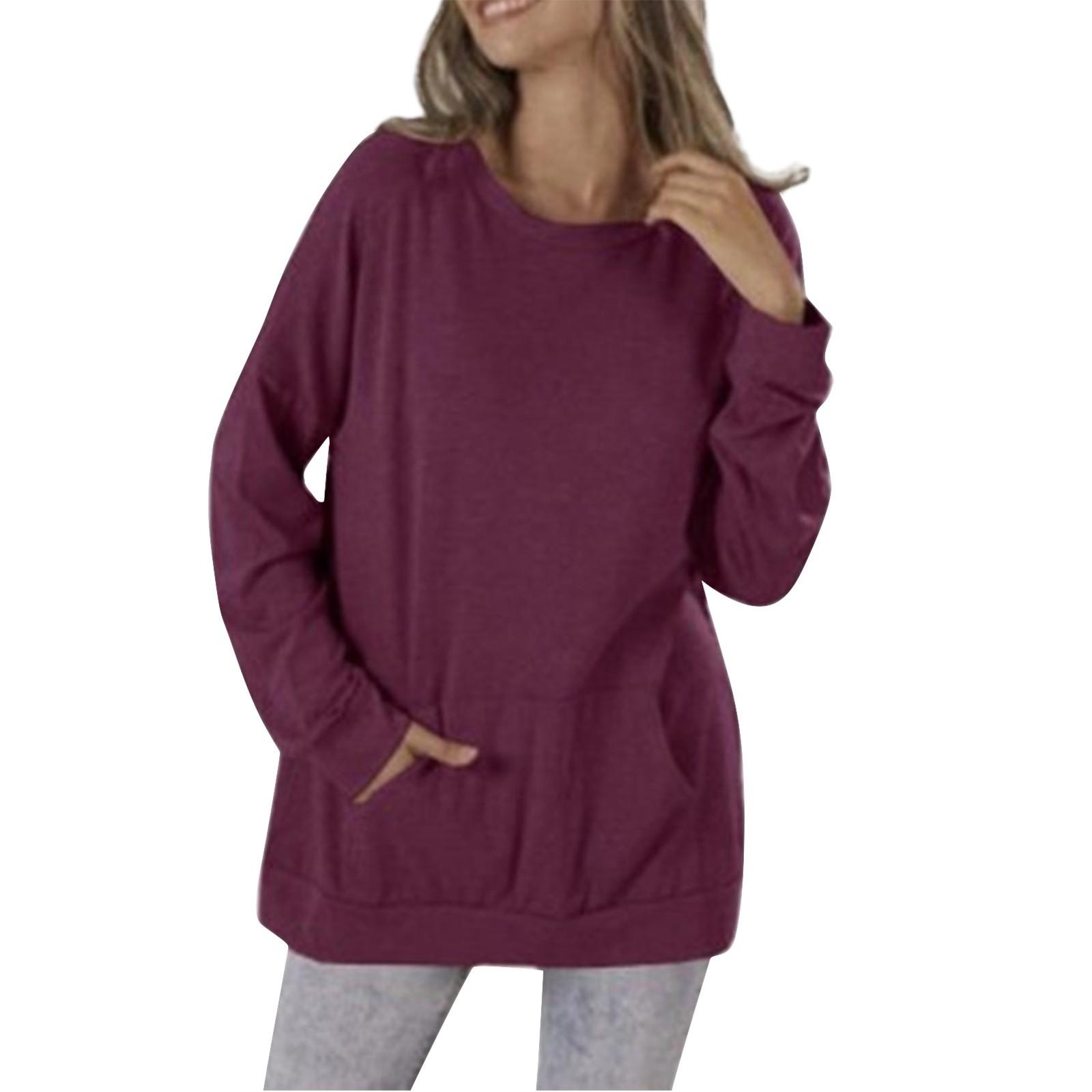 

Женские топы осень-зима, женская толстовка с длинным рукавом, повседневная, с круглым вырезом, свободный крой, топы-поло XL винный