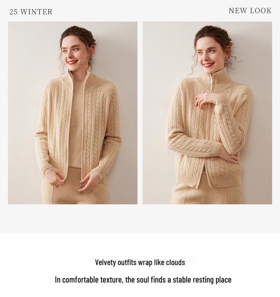 Women's Cable Knit Cashmere Cardigan - Solid Color, Stand Collar, Zipper Closure, Autumn/Winter Casual Style Sweater
