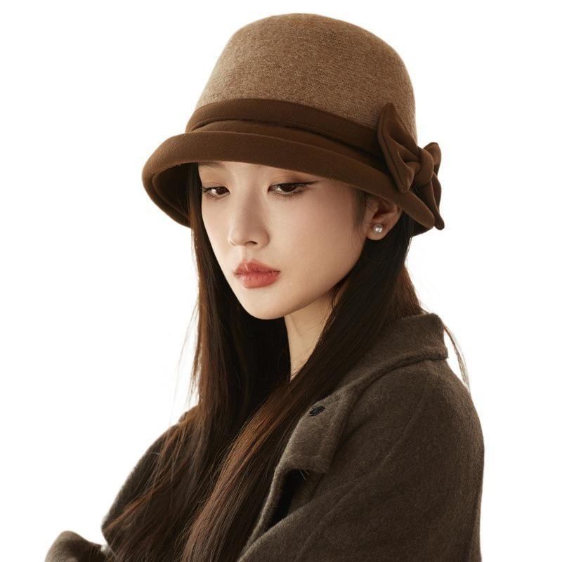 Pălărie de pescar din pâslă de lână pentru femei: Toamnă/Iarnă Stil Retro Francez Hepburn cu Fundă