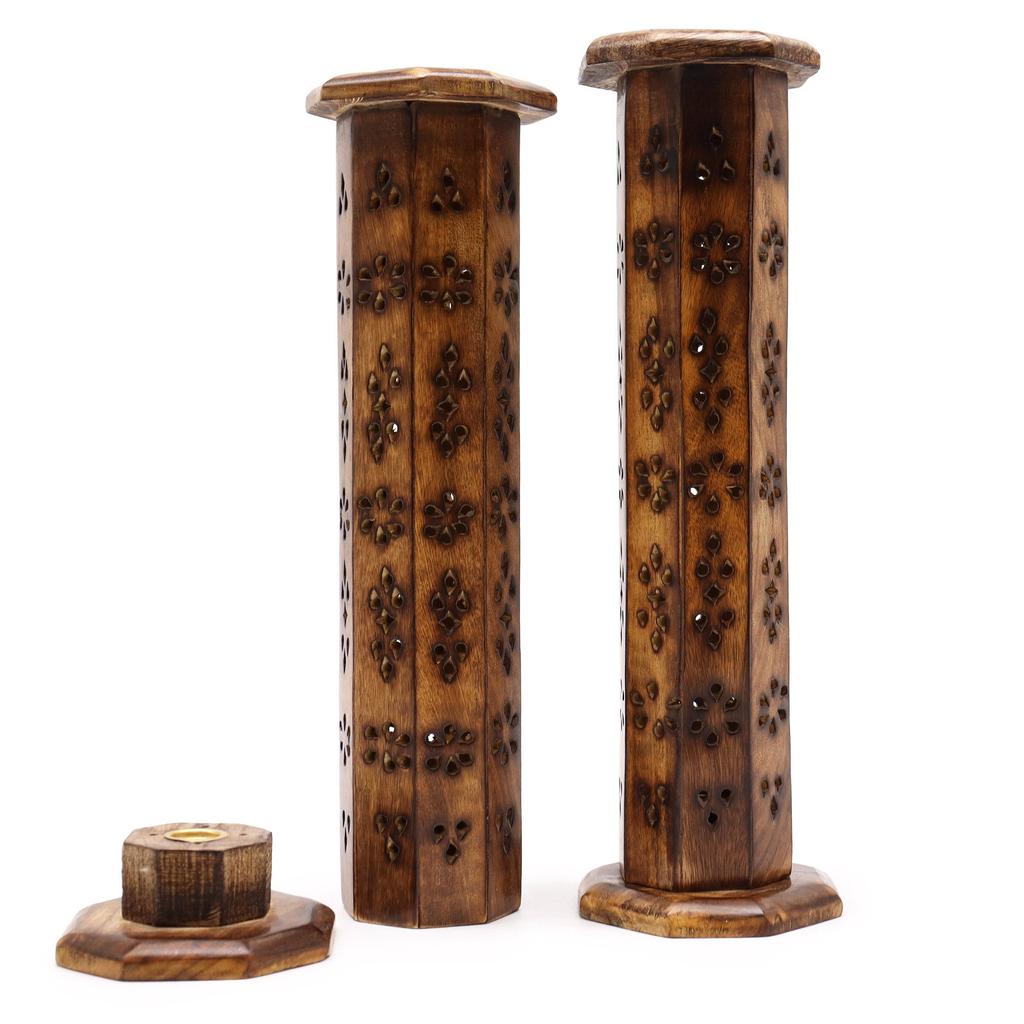 Incense Holder Mango Wood Hexagonal Tower