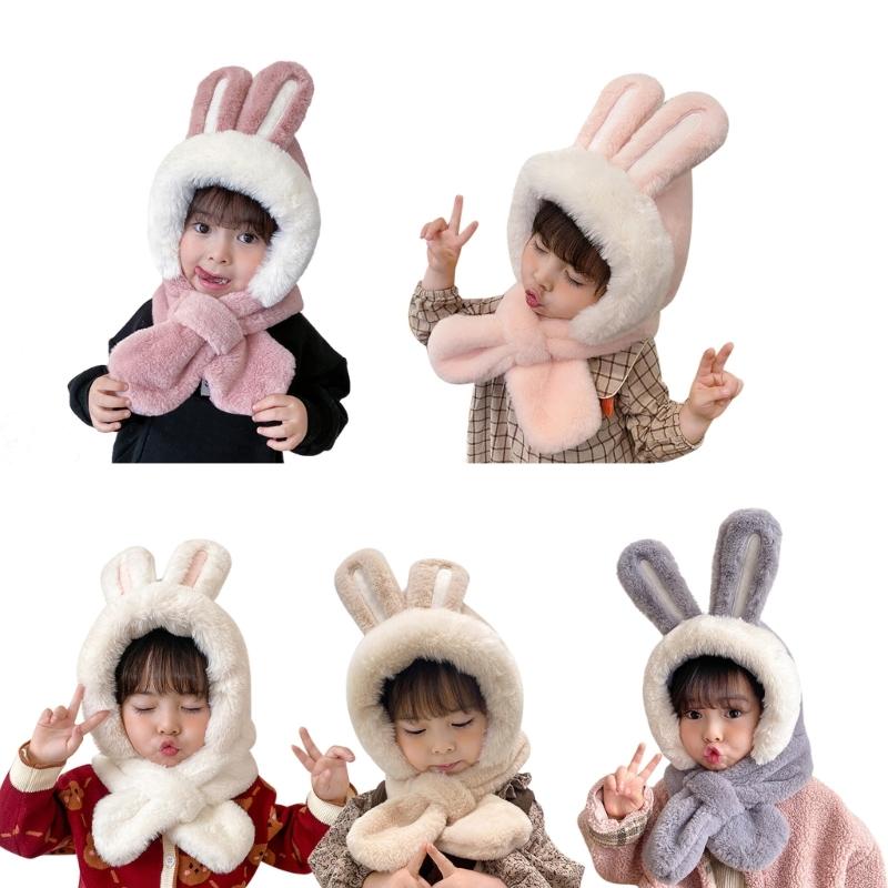 Kids Winter Hat Warm Plush Scarf Hats Thick Earflap Hooded Caps with Rabbit Ears Decoration for Boys Girls Ages 3-8
