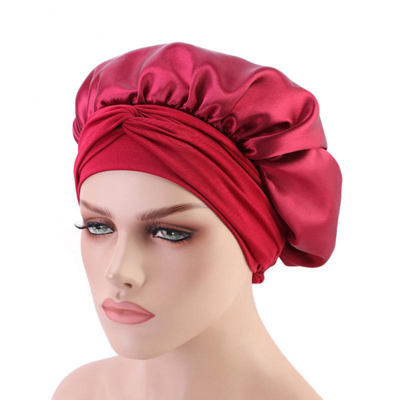 Adjust Solid Satin Bonnet Hair Styling Long Hair Care Women Night Sleep Hat Silk Head Wrap Shower Hair Styling Tool