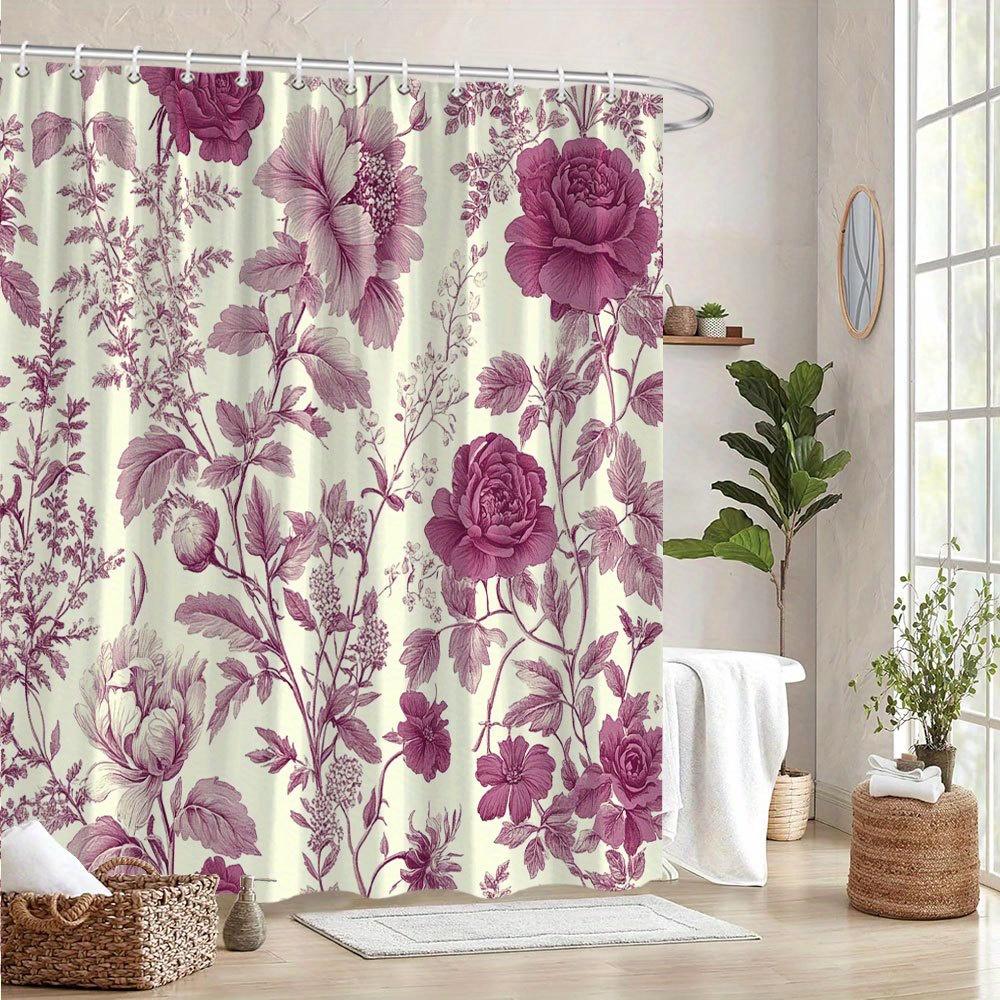 1 Vintage Maroon Floral Shower Curtain With Elegant Rose And Peony Botanical Print - Polyester With Hooks Machine Washable