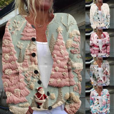 Chaqueta tipo cárdigan con estampado de copos de nieve y muñeco de nieve navideño de manga larga para mujer