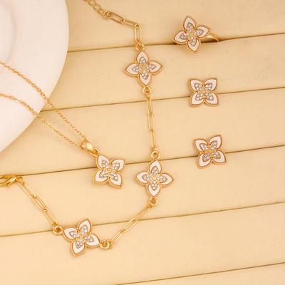 5pcs Alloy New Trendy Rhombus Clover Necklace Earrings Ring Bracelet Set Fashion Lucky Jewelry