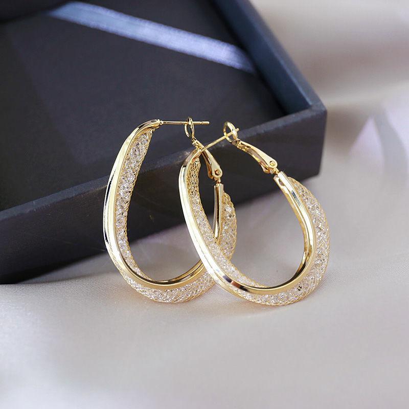 Korean Gold Color Metal Mesh Crystal Hoop Earrings Women Fashion Jewelry  New Luxury Geometric Grid Big Circle Earings Femme